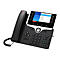 Schwarzes Cisco IP-Telefon mit Display. Hörer auf der Seite, Zifferntasten, Menüansicht.