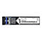 Ein SFP-Transceiver, silberfarben mit blauen Elementen und Beschriftungen. Der Text lautet: GLC-LH-SMD, 1000BASE-LX/LH, SN.MDLX06307, Santa Clara CA 95054, RoHS, 1310nm, 10km.