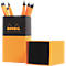 Pencil holder with pencils. Orange and black holder with logo and web address. Next to it an open, empty holder.