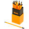 Yellow pencils with black tips in a black container and a yellow container below. One pencil is in front.