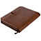 Un porte-documents en cuir marron avec fermeture à bouton-pression, fermeture éclair et détail en relief sur le bord.