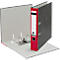 Classeur gris avec dos rouge, ouvert. Label: Leitz. Des logos et des informations sont également visibles sur le dos.