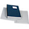 Classeur bleu posé ouvert sur des feuilles blanches. Une étiquette blanche sur la couverture, des pages avec des onglets en dessous.