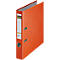 Classeur orange ouvert avec une zone d'étiquettes blanche et des œillets en métal.