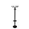 Black coat rack with hooks and knobs, on white background.