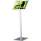 A silver display stand holding a picture of wine and a glass. The stand has a square foot and a rectangular display.
