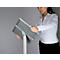 A woman holding a gray presentation stand in her hands.