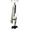 A silver coat rack with black base. A beige coat, a black scarf and an umbrella hang on it.