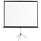 A white projection screen on a black tripod. The screen is rolled out, the background is white.