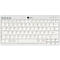Clavier argenté avec touches blanches. Lettres, chiffres et symboles imprimés en bleu et noir.