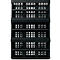 Black, multi-tiered, perforated plastic crate. The structure features rectangular openings forming a grid.
