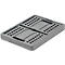Gray rectangular collapsible plastic crate with ventilation holes. Two folding lids, one side open.