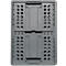 Grey, folded transport box with handle. Visible are holes, a connecting mechanism and reinforcements.
