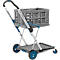 Chariot de courses gris avec roues et poignée bleues. Le chariot est pliable et possède un compartiment pour les achats.