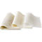 Three rolled fabric sheets in beige, cream, and white; textured surface, gentle curves.