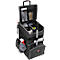 Open black cleaning cart filled with cleaning supplies and accessories. Bottles with spray nozzles on the side.