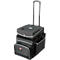 Black rolling suitcase with extendable handle. Multiple compartments, silver trim.