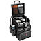Black rolling tool case, open, with compartments and accessories. The case shows an extendable pole and a handle.
