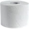 Rouleau de papier toilette blanc avec un motif floral gaufré sur fond blanc.