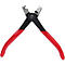 Eine Zange mit roten Griffen, schwarzem Korpus und silberfarbenen Greifbacken.