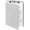 Grey clipboard with paper. A metal clip at the top, paper is protected by a cover.