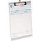 Grey clipboard with paper, logo, and lines. Silver top clip. Text is in English.