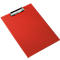 Red clipboard with silver clip, photographed slightly from above.