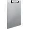 Gray clipboard. Metal clip at the top, rectangular plate.
