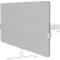 Fixation de bureau rectangulaire grise, fixée à un plateau de bureau blanc avec des supports blancs. Un pied de table blanc est visible en bas.