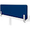 Cloison de bureau en tissu bleu fixée à un bureau blanc. Support argenté.