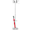 Grey silver coat stand with red umbrella in a white background.