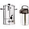 Two stainless steel coffee machines on a white background. On the left, a large brewing machine, on the right, a thermal container.