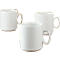 Three white coffee cups with handles, against a white background.