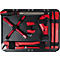 Coffret à outils noir avec des outils rouges comme des clés, pinces et burins.