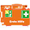 Trousse de premiers secours orange, avec un support à côté. La boîte a des autocollants avec une croix, un symbole de gant, des ciseaux et un bandage. Inscription: "Premiers secours".