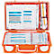 Trousse de premiers secours orange ouverte avec bandages et médicaments. Étiquetage : Kompresse, Augenkompresse, DuOcul.