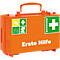 Une trousse de premiers secours orange avec une poignée blanche. Divers pictogrammes sont représentés sur la boîte, ainsi que l'inscription "Erste Hilfe".
