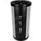Dispensador de vasos cilíndrico, negro y plateado, con tapa y símbolos de vasos.