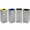 Quatre poubelles grises avec des couvercles de différentes couleurs : jaune, bleu, noir et marron.