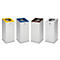 Quatre poubelles : jaune, bleu, marron et blanc, avec couvercles et symboles colorés.