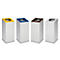 Quatre poubelles carrées blanches avec des couvercles colorés. Jaune, bleu, marron et gris.