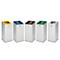 Cinq poubelles blanches avec des couvercles colorés : jaune, bleu, marron, vert et gris.