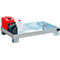 Spill containment tray with several canisters. The tray is made of metal, the canisters are red, black and white.