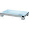 Metal pallet with a rectangular base, silver-colored, square feet.