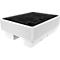White plastic pallet with a black lid. The side has horizontal stripes, and the pallet is standing on low feet.
