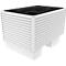 White, cuboid device with black elements on top and horizontal ribs on the sides.