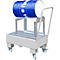 A blue drum cart with blue barrel. The barrel is labeled with FINA.