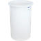 White plastic container with a wide rim and rounded bottom. Small blue label on the side.