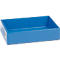 Blue rectangular metal tray with rounded corners. The inside surfaces are smooth and empty. There is a label on one side.