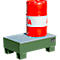 Red oil barrel on a green spill containment pallet. The pallet has a perforated surface and stands on four legs.